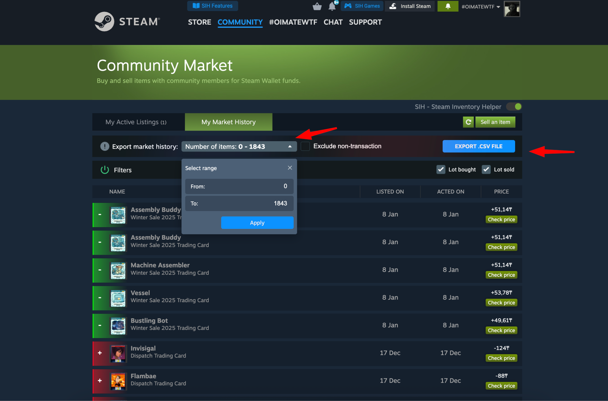 Market history export and analytics