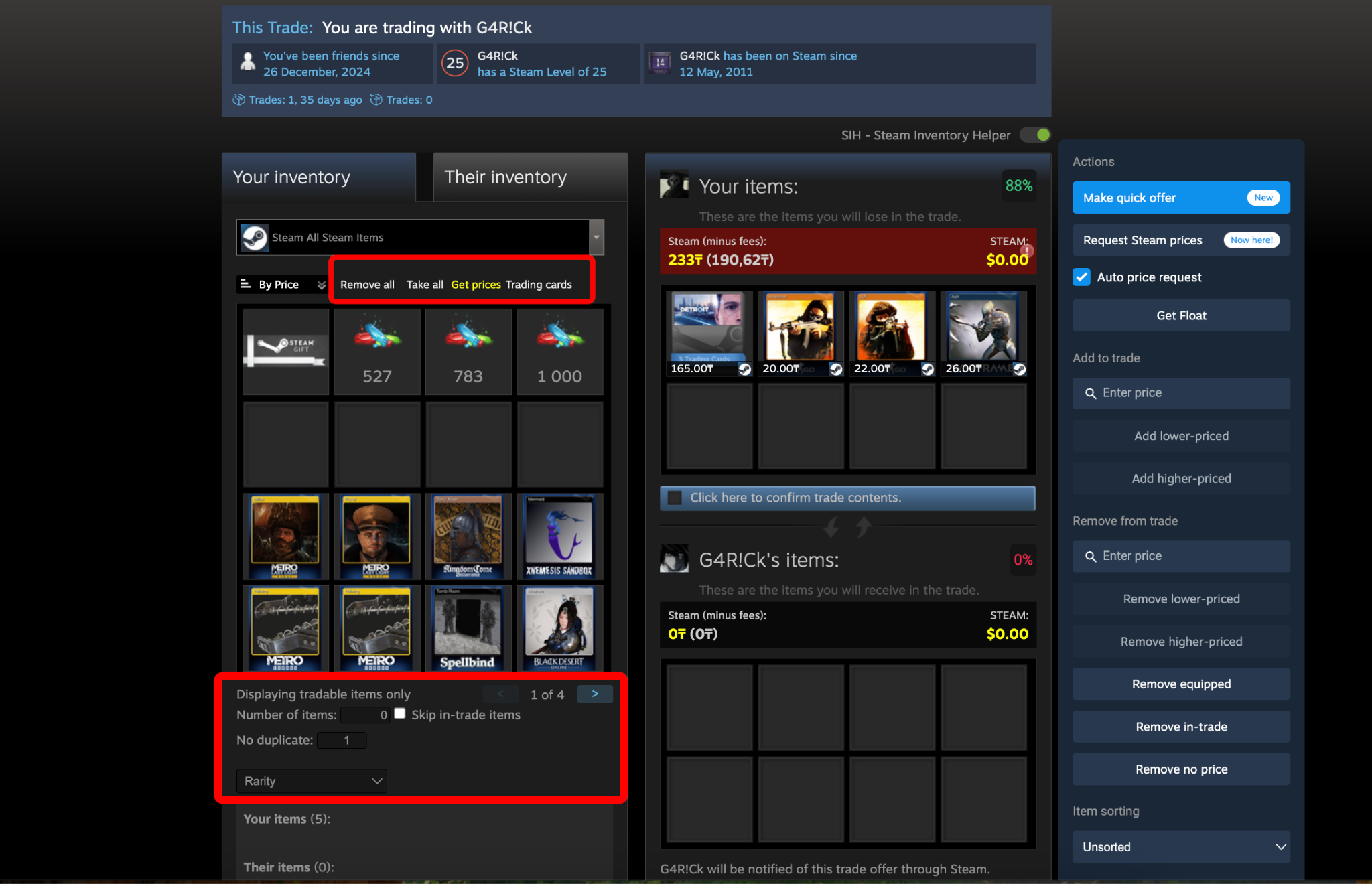 Bulk trade filtering interface