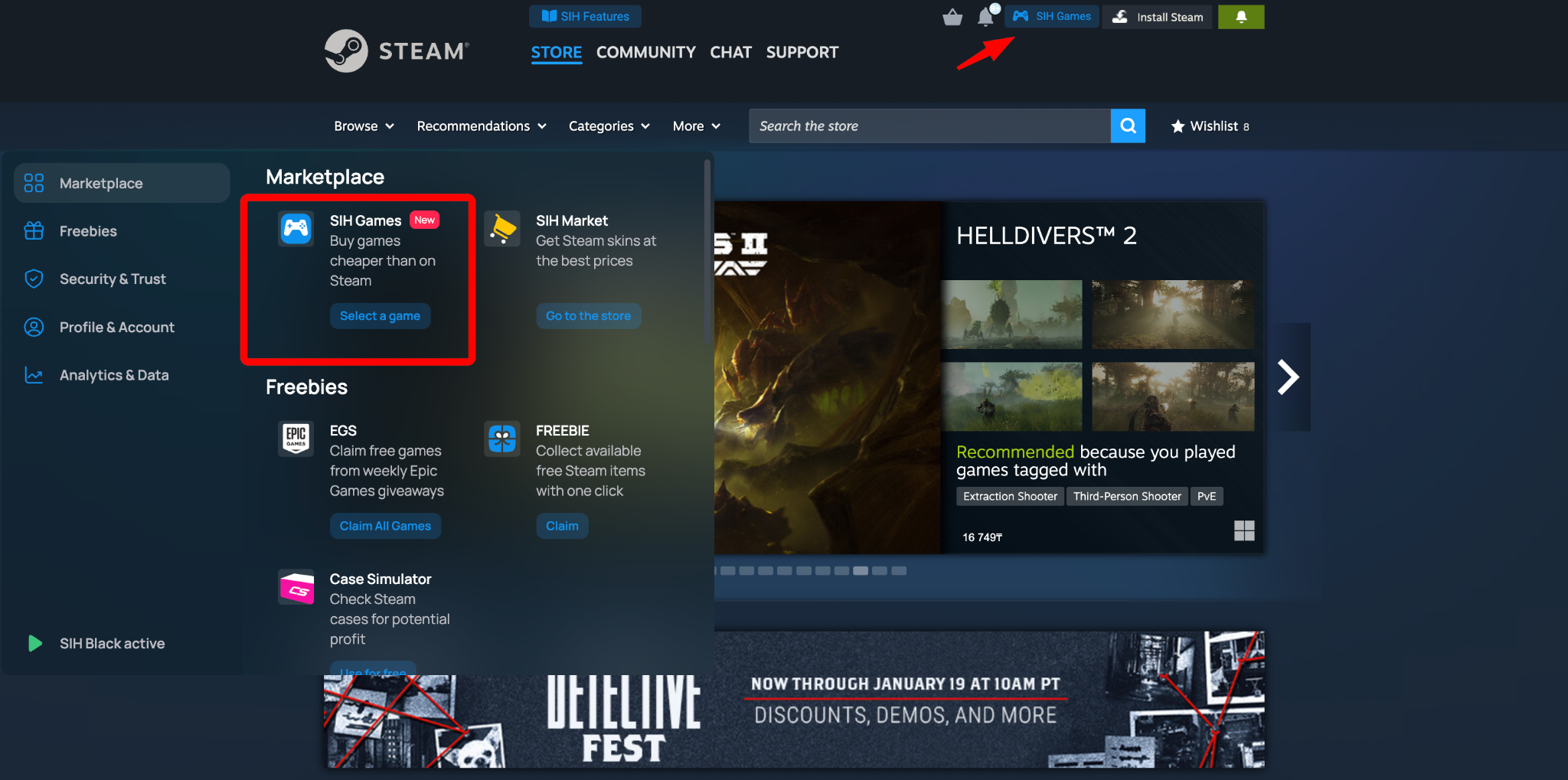 SIH Games catalog with filters